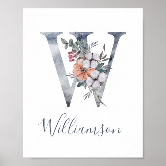 Blue Floral Waterverf Monogram W Poster van de ach (Voorkant)