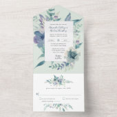Blue Floral Waterverf Wedding All In One Uitnodiging (Binnen)