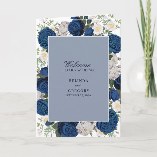 Blue Floral Waterverf Wedding Order of Service Programma (Voorkant)