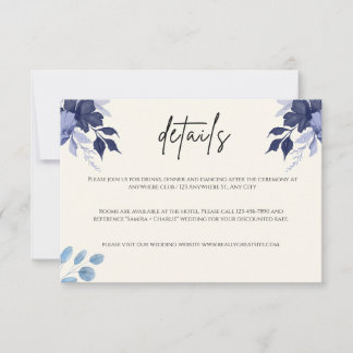 Blue Floral Wedding Details Enclosure Kaart Notitiekaartje