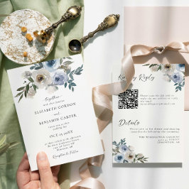 Blue Floral Wedding Elegant Watercolor QR Code Kaart