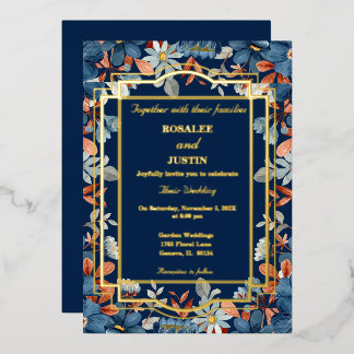 Blue Floral Wedding Folie Uitnodiging