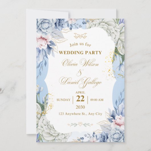 Blue Floral Wedding Invitation Elegant Romantic (Devant)