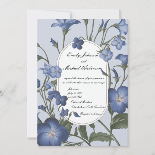 Blue Floral Wedding Invitation Kaart (Voorkant)