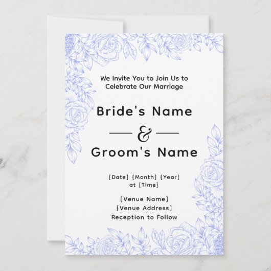 Blue Floral Wedding Invitation Kaart (Voorkant)