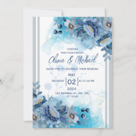 Blue Floral Wedding Invitation Kaart