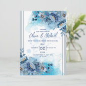 Blue Floral Wedding Invitation Kaart (Staand voorkant)