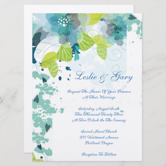 Blue Floral Wedding Invitation Kaart (Voorkant / Achterkant)