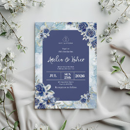 Blue Floral Wedding Invitation Kaart