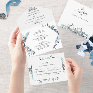 Blue Floral Wedding met geperforeerde RSVP All In One Uitnodiging