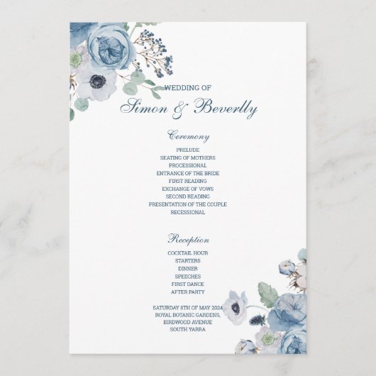 Blue Floral Wedding Programme Programma (Voorkant)
