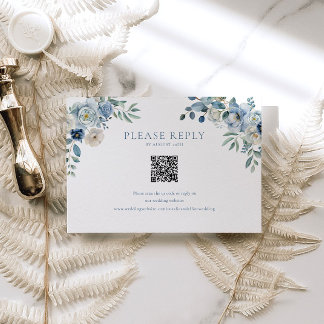 Blue Floral Wedding RSVP QR Code Enclosure Kaart