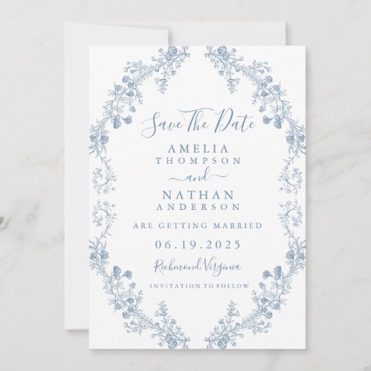 Blue  Floral Wedding Save the Date (Voorkant)