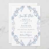 Blue  Floral Wedding Save the Date (Voorkant / Achterkant)