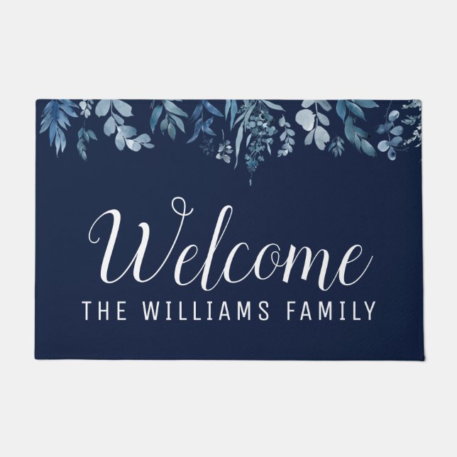 blue floral welkomstscript doormat deurmat (Voorkant)
