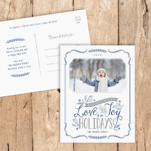 Blue Floral Whimsy Holiday Foto Briefkaart