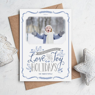 Blue Floral Whimsy Holiday-fotokaart Feestdagenkaart
