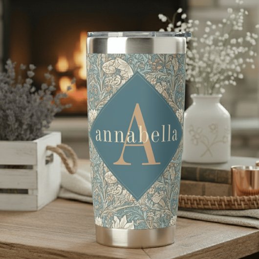 Blue Floral William Morris Elegant Monogram Geïsoleerde Drinkbeker