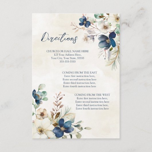 Blue Floral Winter Wedding Direction Insert Informatiekaartje (Voorkant)