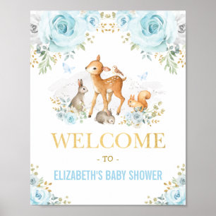 Blue Floral Woodland Animals Baby shower Welkom Poster