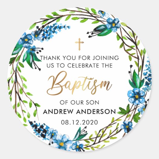 Blue Floral Wreath Baptism Dank je Ronde Sticker (Voorkant)