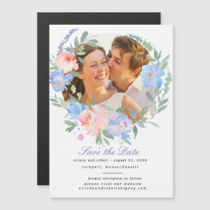 Blue Floral Wreath Save the Date Magnetische Kaart