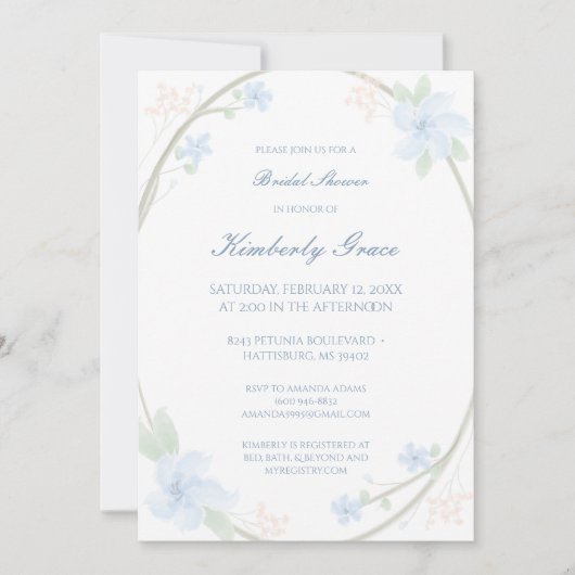 Blue Floral Wreath Vrijgezellenfeest Invite Kaart (Voorkant)
