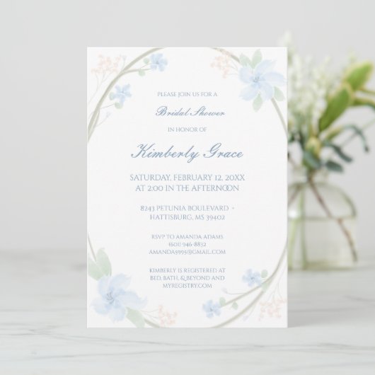 Blue Floral Wreath Vrijgezellenfeest Invite Kaart (Staand voorkant)