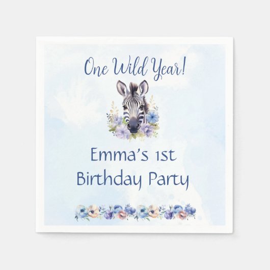 Blue Floral Zebra Verjaardag Servet (Voorkant)