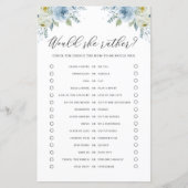 Blue Floral zou ze liever Baby shower game Kaart h (Voorkant)
