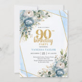Blue Florals Gold Border 90th Birthday Invitation (Devant)
