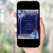 Blue florals silver 25th wedding anniversary kaart