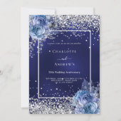 Blue florals silver 25th wedding anniversary kaart (Voorkant)