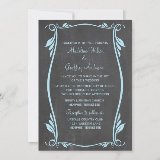 Blue Flourish Chalkboard Wedding Invite Kaart (Voorkant)