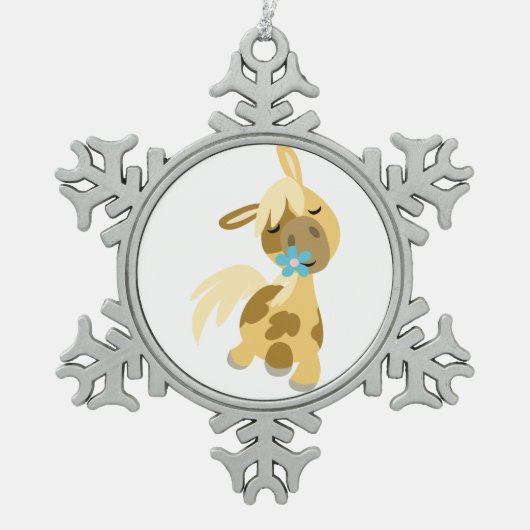 Blue Flower and Cute Cartoon Pony Pewter Ornament (Voorkant)