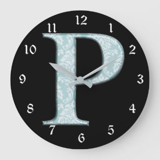 Blue Flower Damask Monogram Initiaal P Design Cloc Grote Klok
