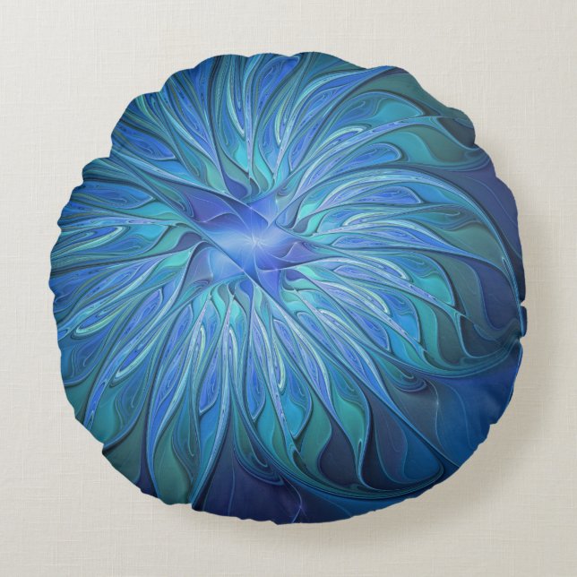 Blue Flower Fantasy Pattern, Abstract Fractal Art Rond Kussen (Voorkant)