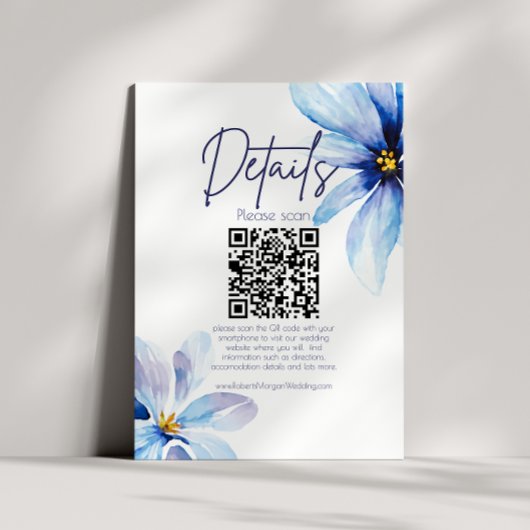 Blue Flower Minimalist QR CODE Bruiloft Details Informatiekaartje