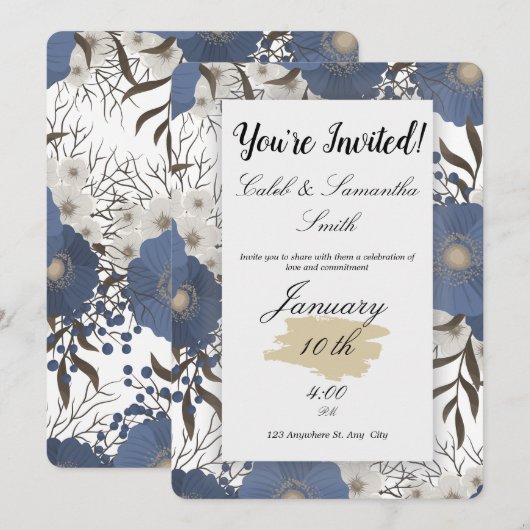 Blue Flower Wedding Invitation (Devant / Derrière)