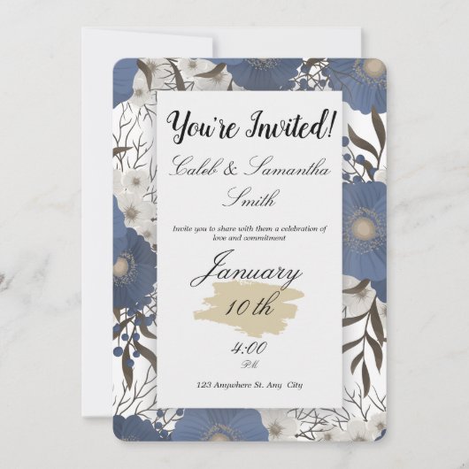 Blue Flower Wedding Invitation Kaart (Voorkant)
