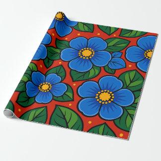 Blue Flowers and Green Leaves on a Red Background Cadeaupapier