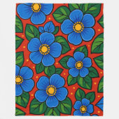 Blue Flowers and Green Leaves on a Red Background Fleece Deken (Voorkant)