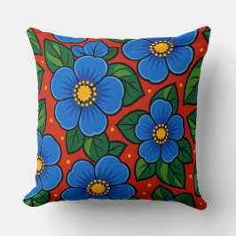 Blue Flowers and Green Leaves on a Red Background Kussen