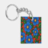 Blue Flowers and Green Leaves on a Red Background Sleutelhanger (Voorkant Links)