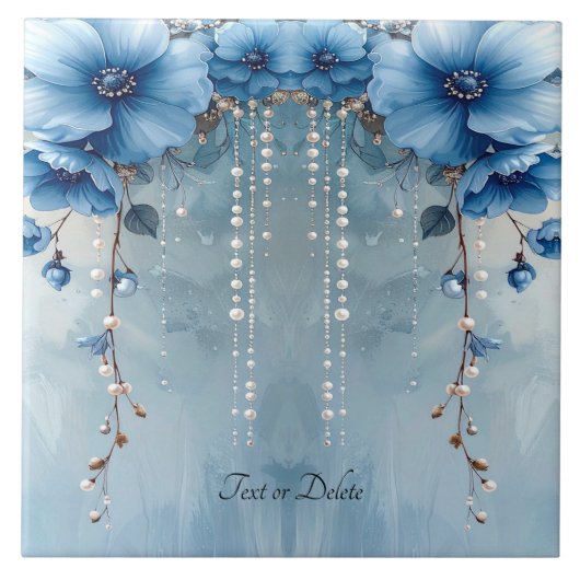 Blue Flowers and Pearls Ceramic Tile Tegeltje (Voorkant)
