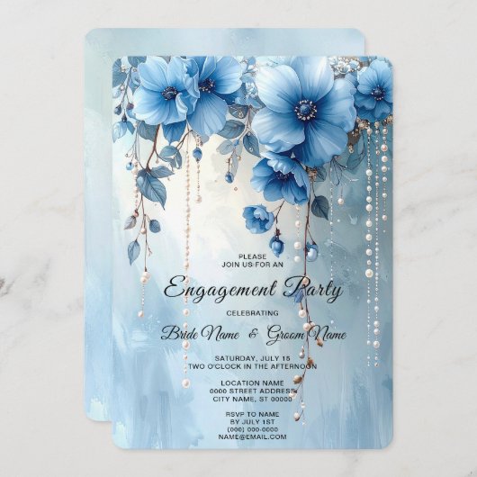 Blue Flowers and Pearls Engagement Invitation (Devant / Derrière)