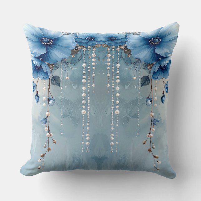 Blue Flowers and Pearls Throw Pillow Kussen (Voorkant)