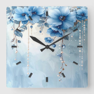 Blue Flowers and Pearls Wall Clock Vierkante Klok