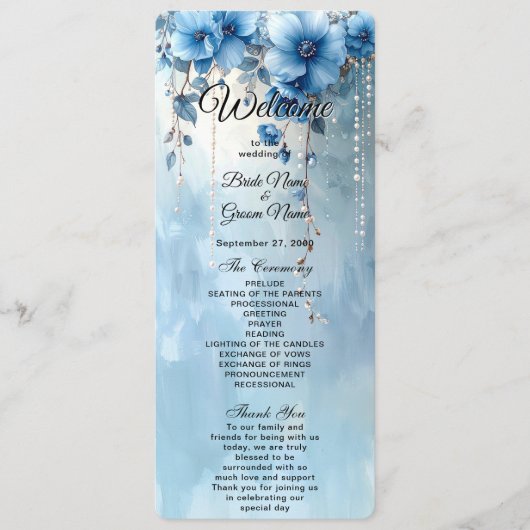 Blue Flowers and Pearls Wedding Program Programma (Voorkant)