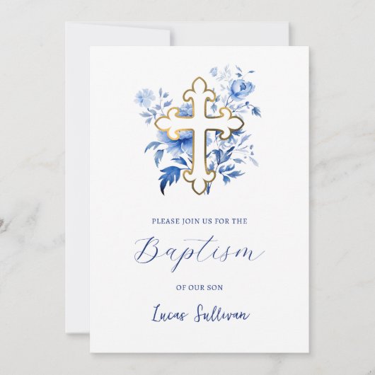 Blue Flowers Bouquet Baptism Invitation Kaart (Voorkant)